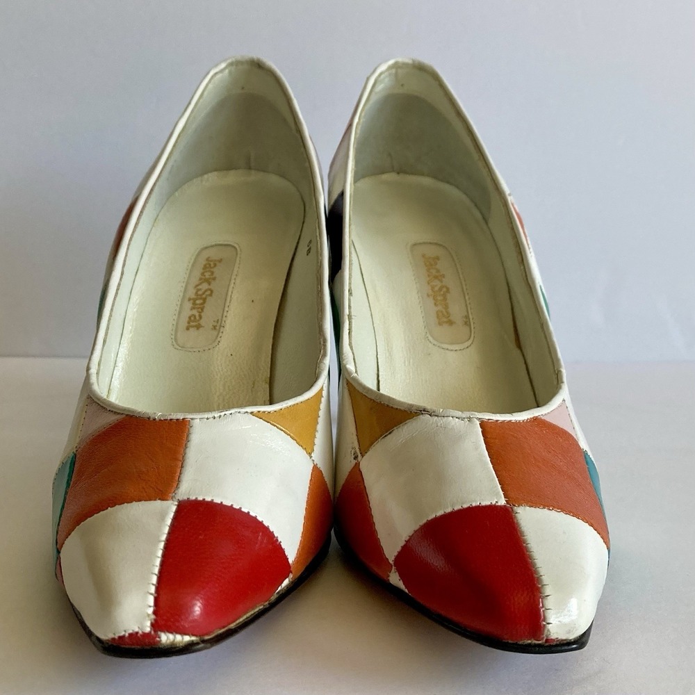 Vtg Jack Sprat Rainbow Harlequin Mod Patchwork Pumps Leather Size 6B Colorblock - Picture 3 of 16
